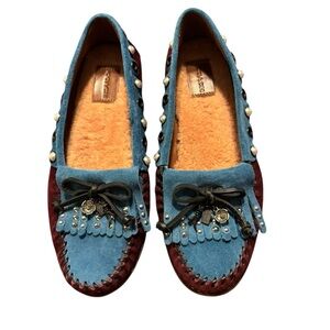 Coach Blue & Maroon  Rexy & Tea Rose Suede Roccasins w/ Cabochons Size US 7B